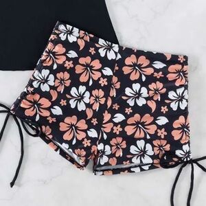 NEW Shein Pink & Black Floral Swimsuit Bikini Shorts with Side Ties Size Large